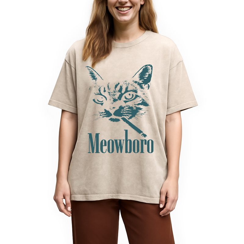 Modecanvas Vintage Smoking Cat DTG Printing Washed T-Shirt