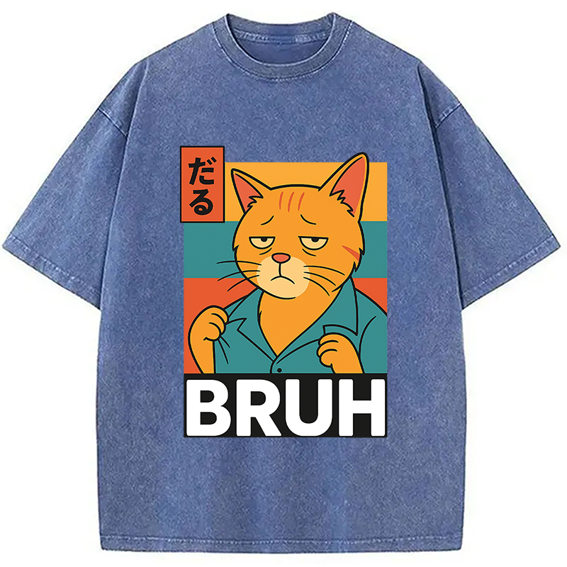 Modecanvas Funny Cat Bruh Meme Washed T-Shirt