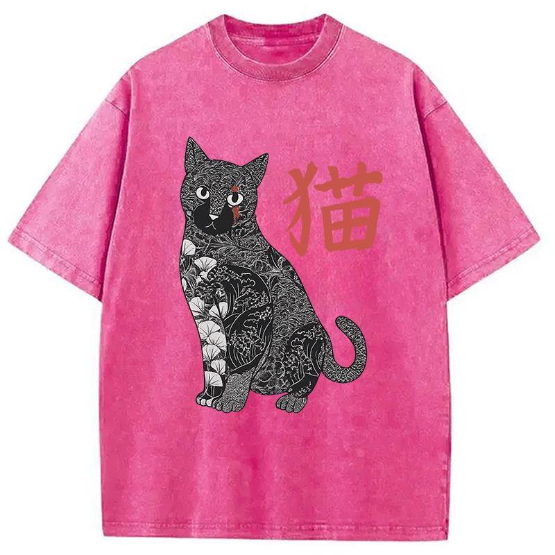 Modecanvas Tattooed Cat Japanese Vintage Washed T-Shirt