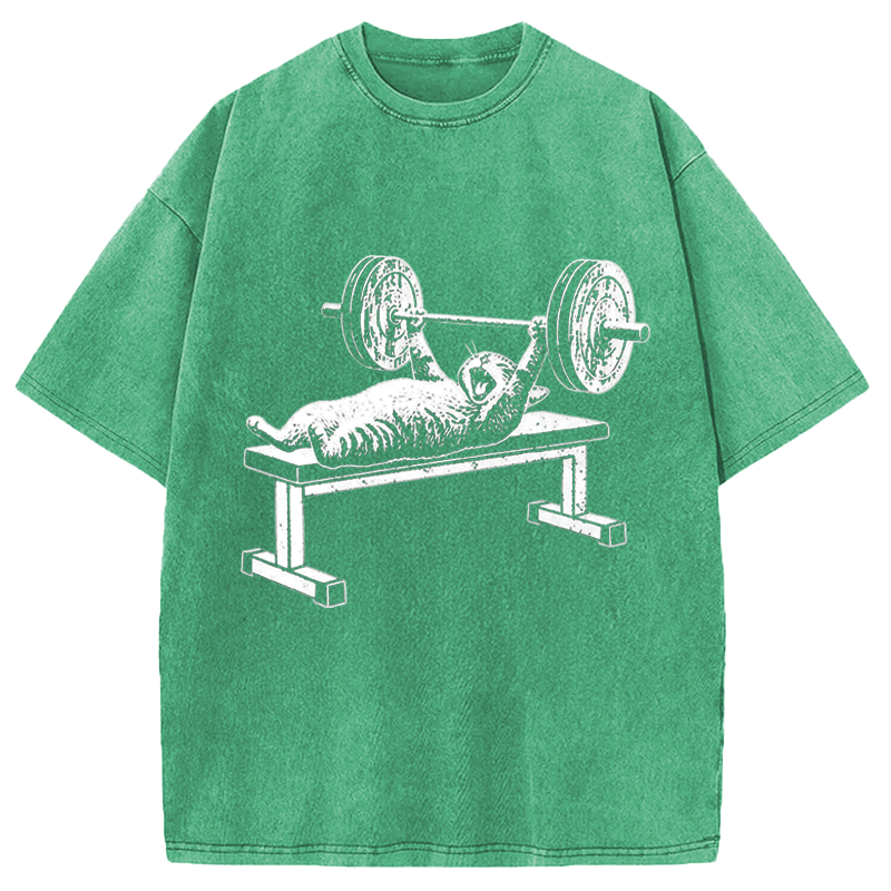 Modecanvas Funny Cat Gym DTG Printing Washed T-Shirt