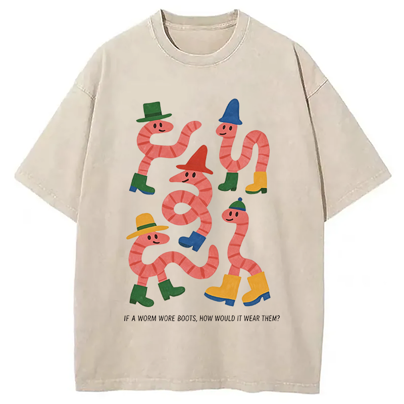Modecanvas Whimsical Worms In Boots DTG Printing Washed T-Shirt