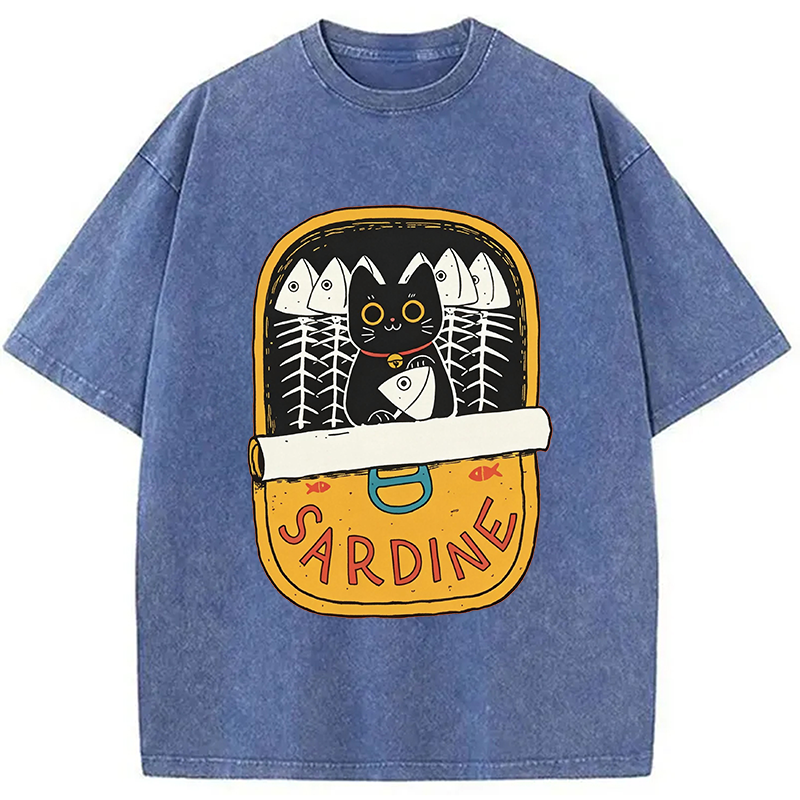 Modecanvas Sardine and Cat DTG Printing Washed T-Shirt