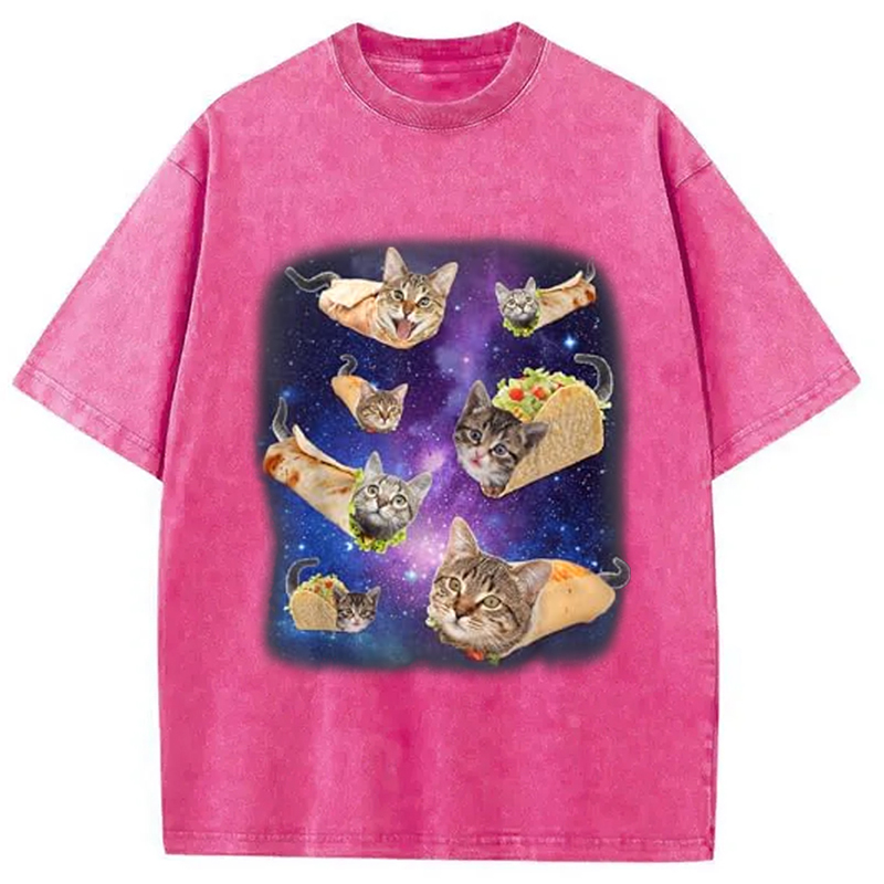 Modecanvas Burrito Cat and Taco Cat Space Galaxy Meme Washed T-Shirt
