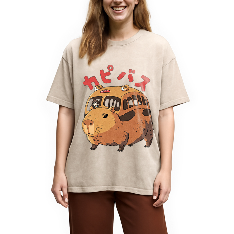 Modecanvas CapyBus Funny DTG Printing Washed T-Shirt