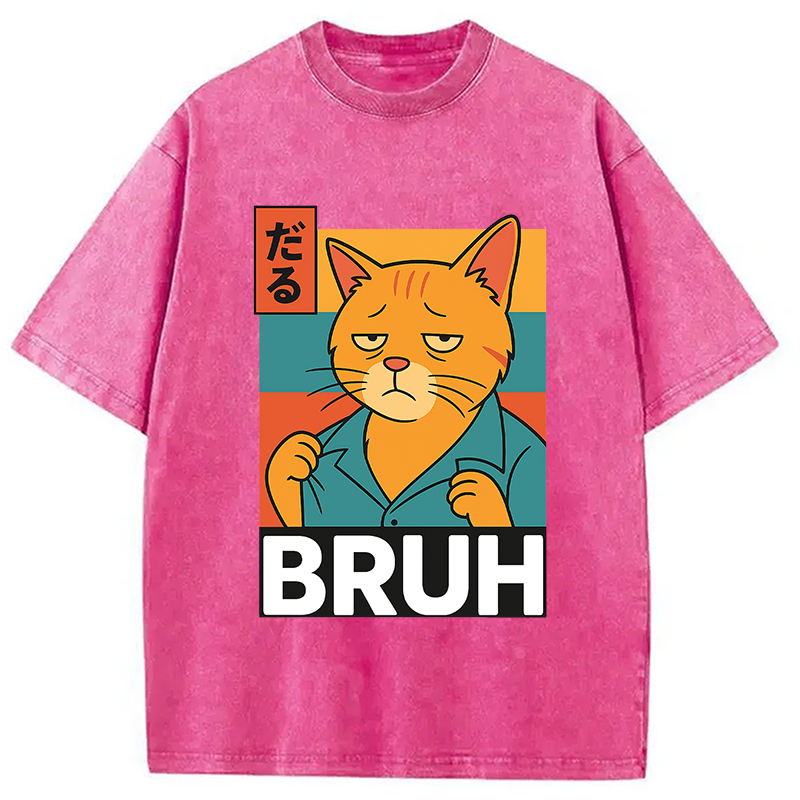 Modecanvas Funny Cat Bruh Meme Washed T-Shirt