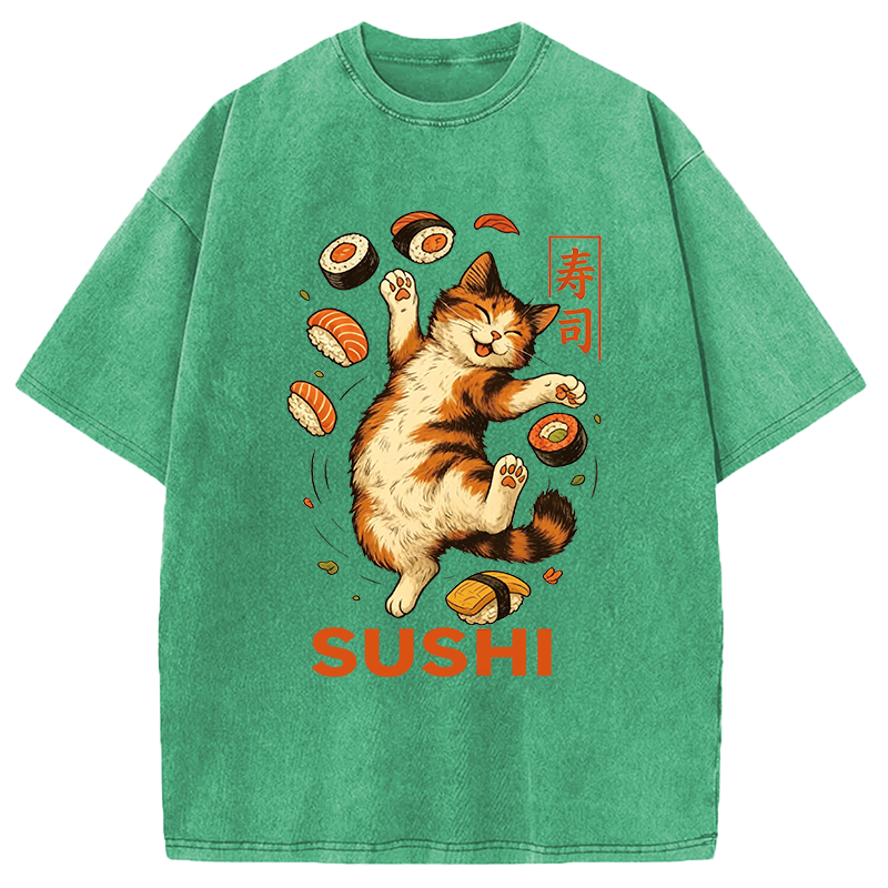 Modecanvas Funny Sushi Cat DTG Printing Washed T-Shirt