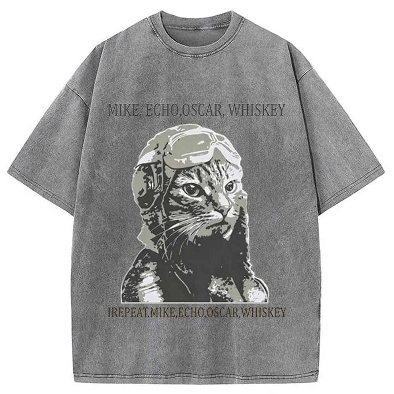 Modecanvas Funny Pilot Cat Meme DTG Printing Washed T-Shirt