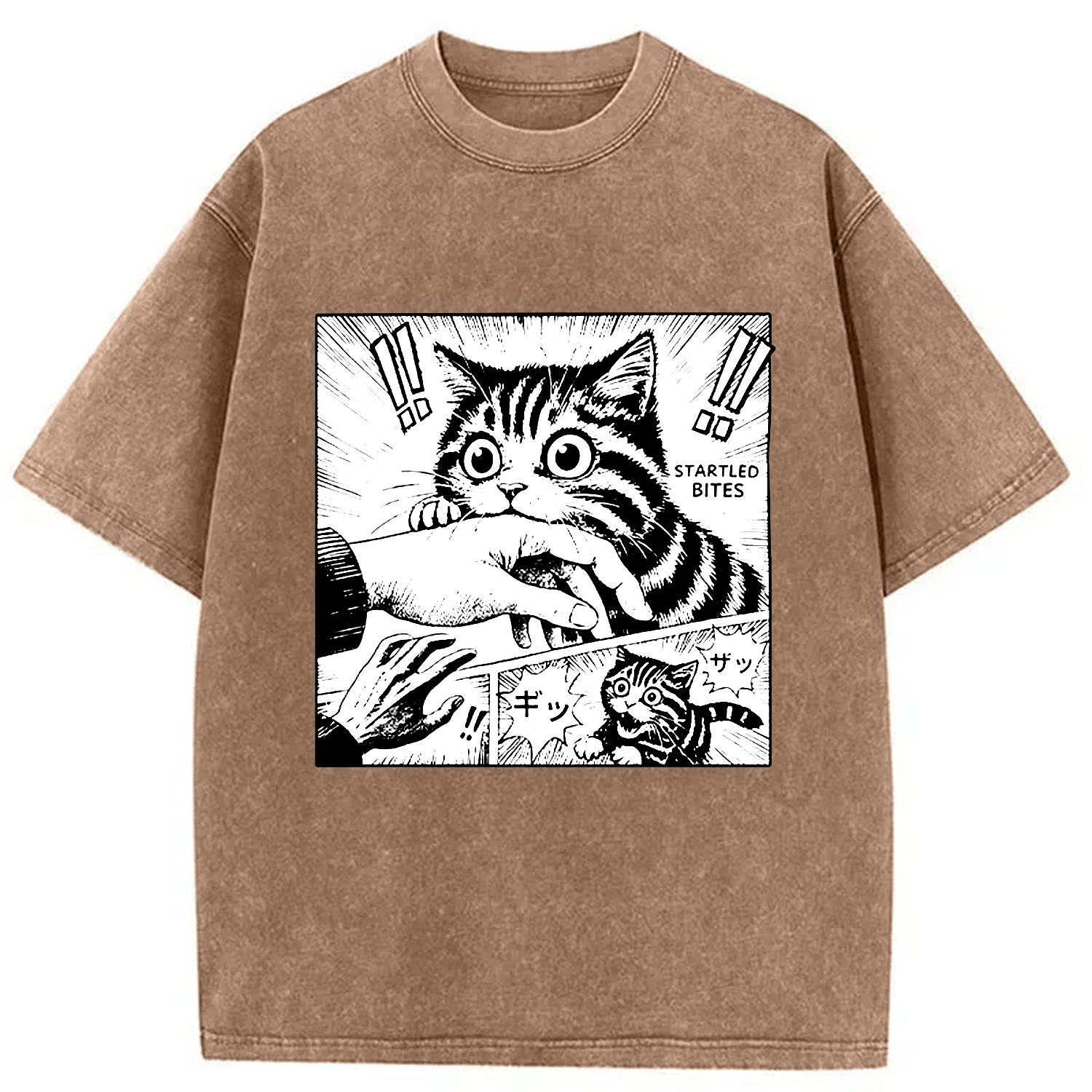 Modecanvas Cat Biting Funny Washed T-Shirt