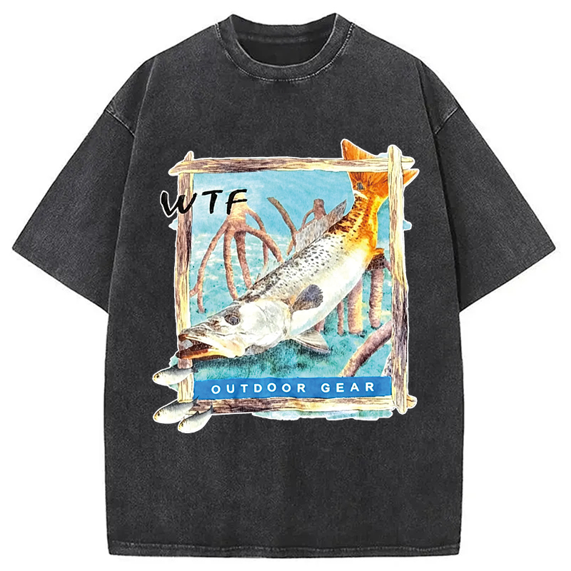 Modecanvas Funny WTF Fishing Fish DTG Printing Washed T-Shirt