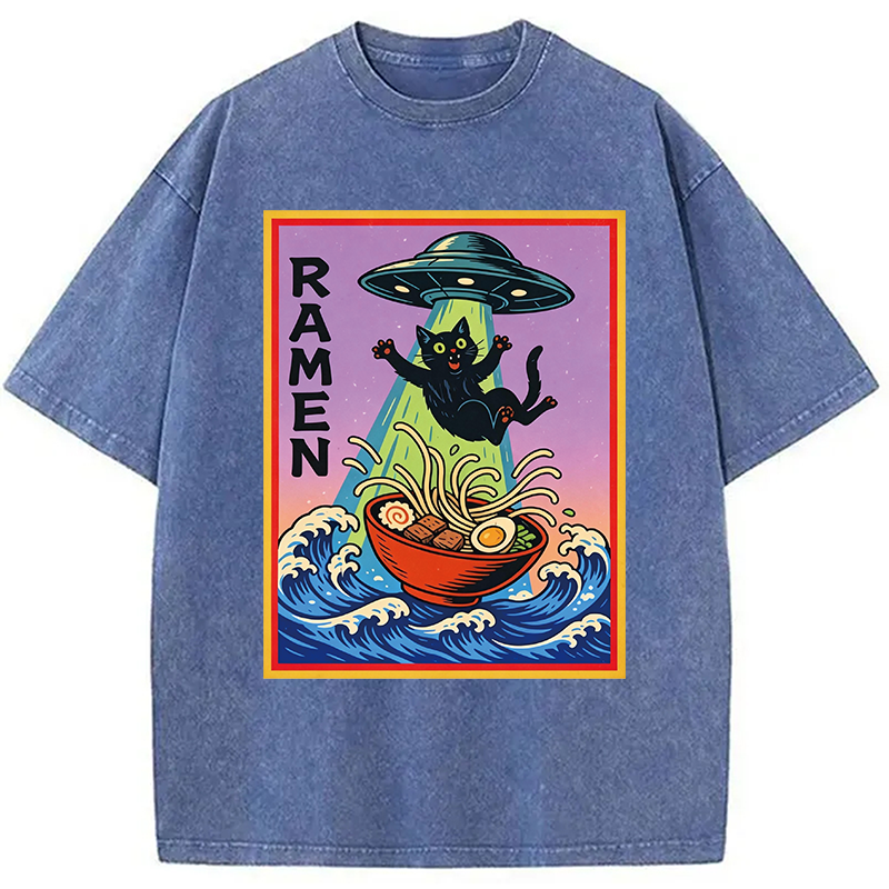 Modecanvas UFO Catching the Ramen Black Cat DTG Printing Washed T-Shirt
