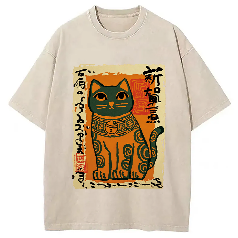Modecanvas Lucky Cat DTG Printing Washed T-Shirt