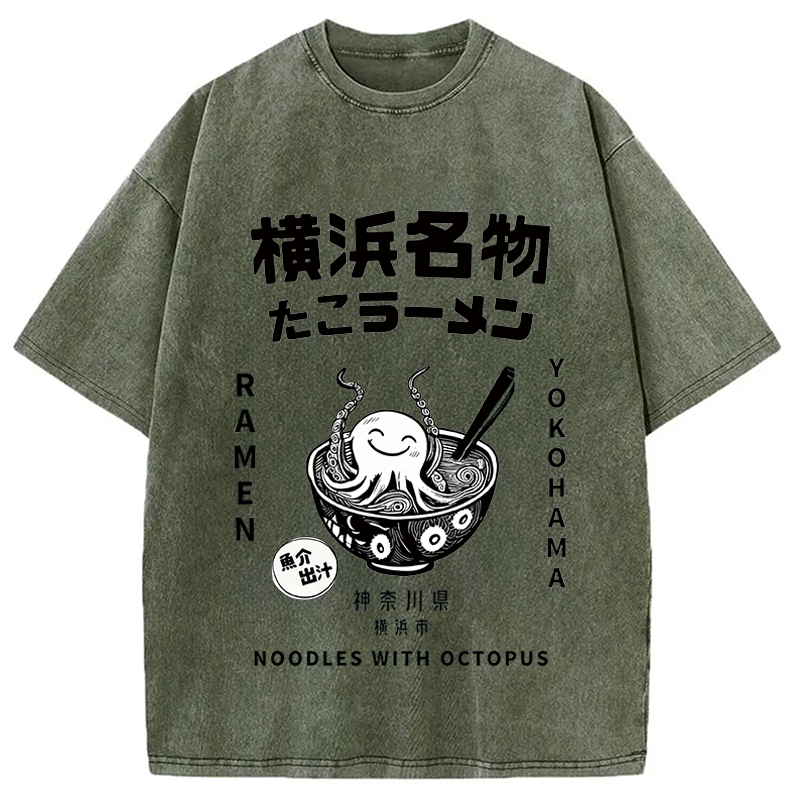 Modecanvas Japanese Kanji Art Octopus Ramen DTG Printing Washed T-Shirt