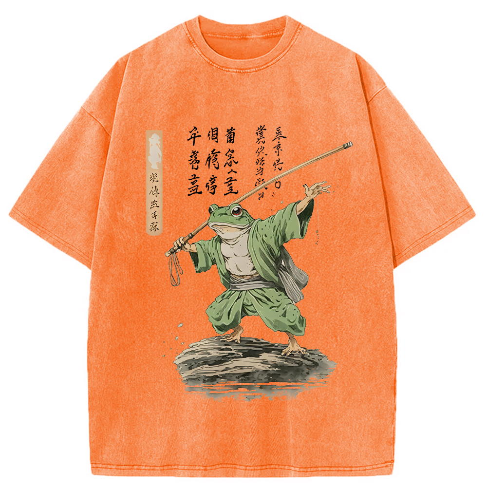 Modecanvas Frog Samurai Japanese Art Vintage Washed T-Shirt-modecanvas