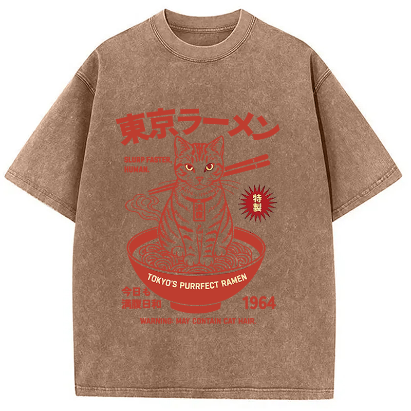Modecanvas Tokyo Ramen Cat DTG Printing Washed T-Shirt-modecanvas