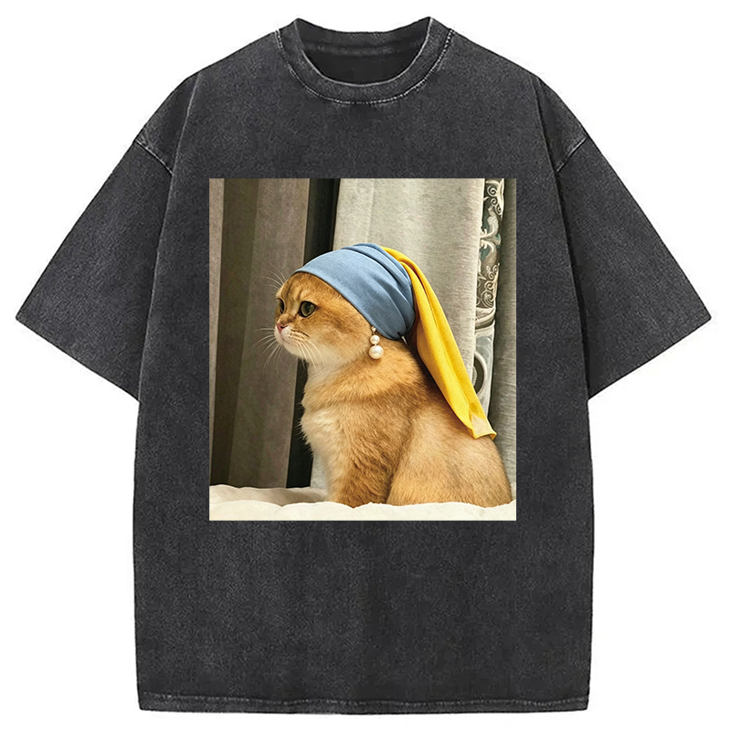 Modecanvas Cat with Pearl Earring Meme DTG Printing Washed T-Shirt