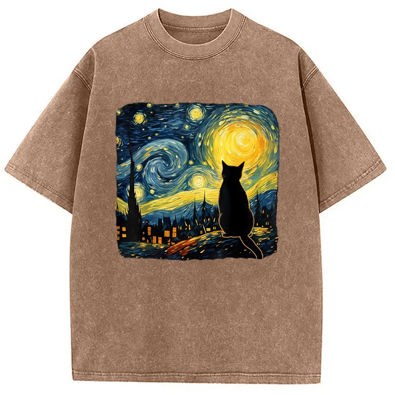 Modecanvas Cat Starry Night Washed T-Shirt