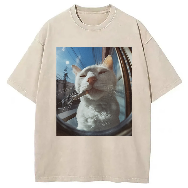 Modecanvas Smoking Cat Meme Washed T-Shirt