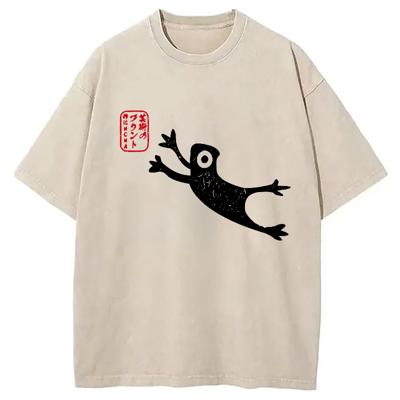 Modecanvas Funny Grumpy Japanese Frog Washed T-Shirt