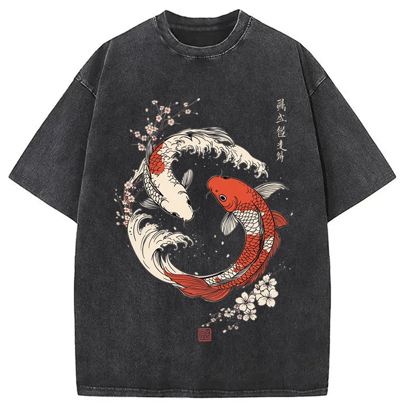 Modecanvas Koi Fish Cherry Blossoms Japanese DTG Printing Washed T-Shirt