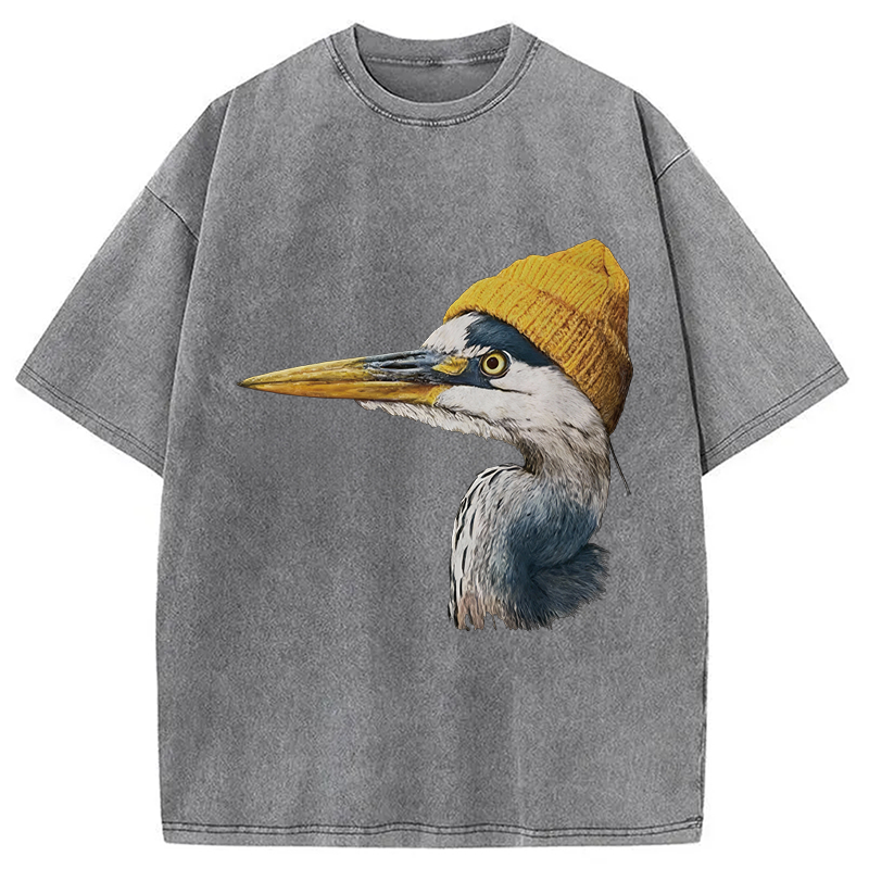 Modecanvas Blue Heron Wearing Beanie DTG Printing Washed T-Shirt