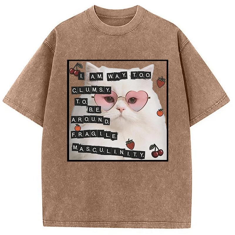 Modecanvas Funny Cat Fragile Masculinity DTG Printing Washed T-Shirt
