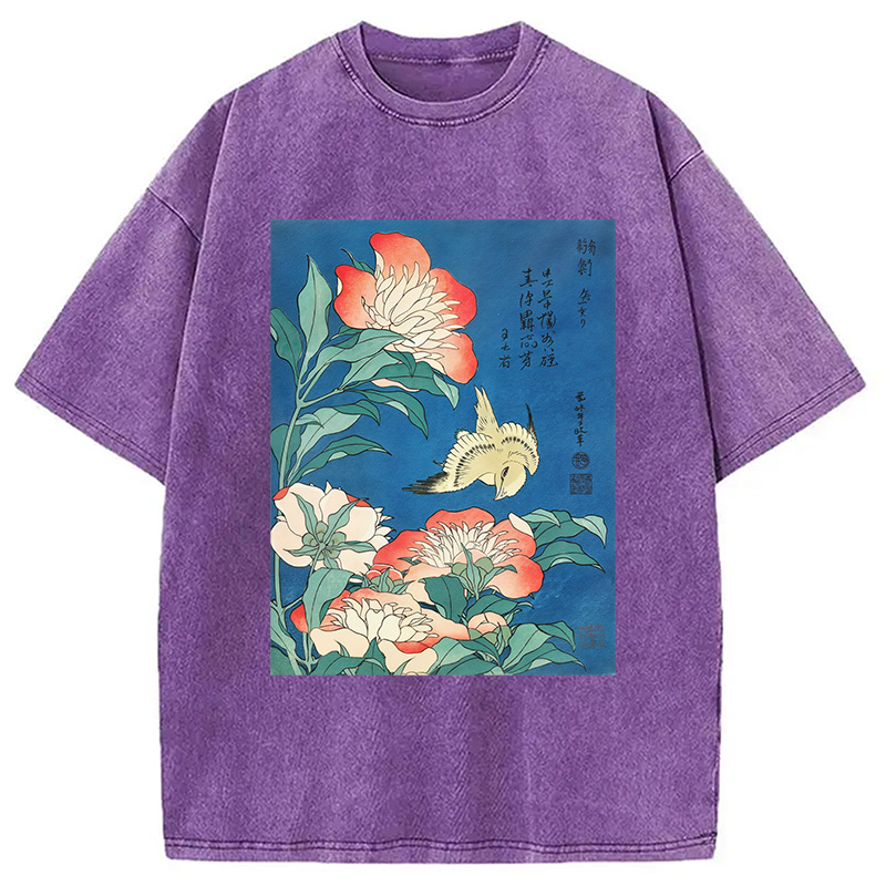 Modecanvas Hokusai Flowers Peonies Bird Washed T-Shirt