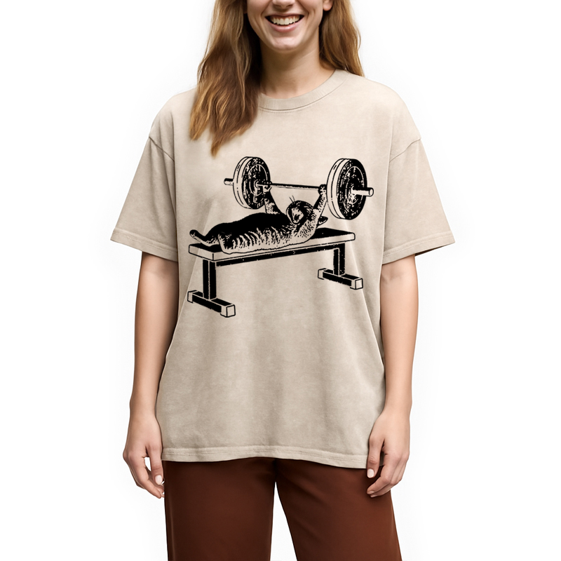 Modecanvas Funny Cat Gym DTG Printing Washed T-Shirt