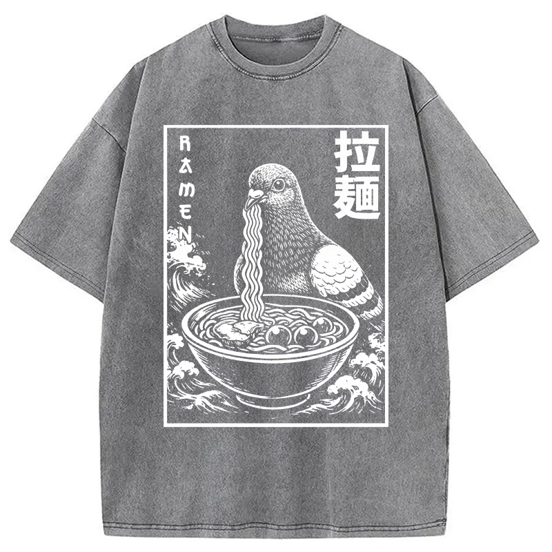 Modecanvas Ramen Pigeon DTG Printing Washed T-Shirt