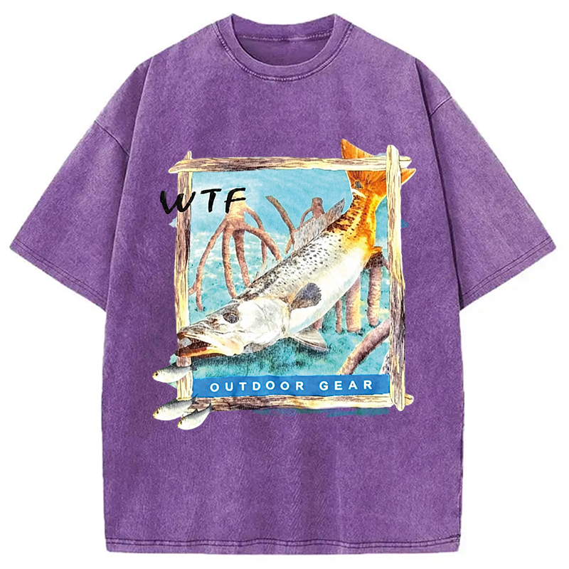 Modecanvas Funny WTF Fishing Fish DTG Printing Washed T-Shirt