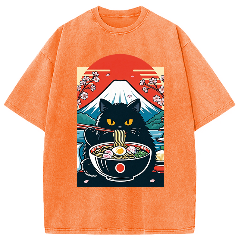 Modecanvas Black Cat Having Ramen Mount Fuji DTG Printing Washed T-Shirt