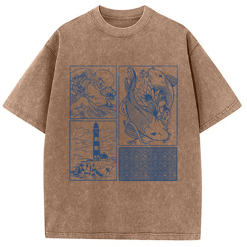 Modecanvas Vintage Minimalist Marine Life Japan Washed T-Shirt