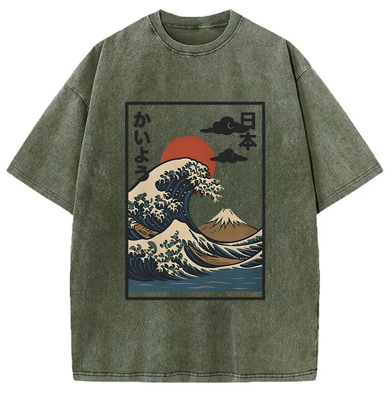 Modecanvas Ocean Wave Sun Japan Washed T-Shirt