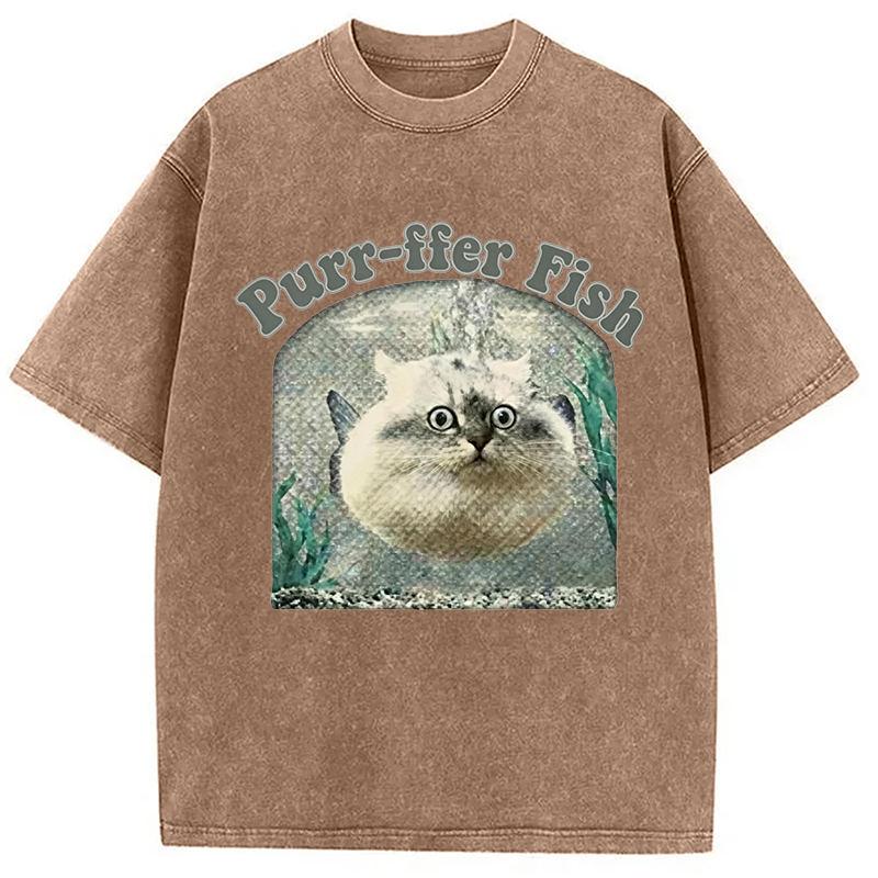 Modecanvas Purr-ffer Fish Cat DTG Printing Washed T-Shirt