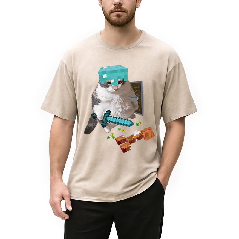 Modecanvas Diamond Armor Cat Creeper Washed T-Shirt