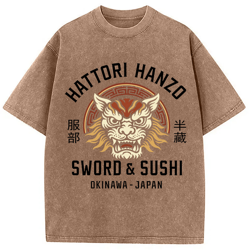 Modecanvas Hattori Lion Japanese Samurai DTG Printing Washed T-Shirt