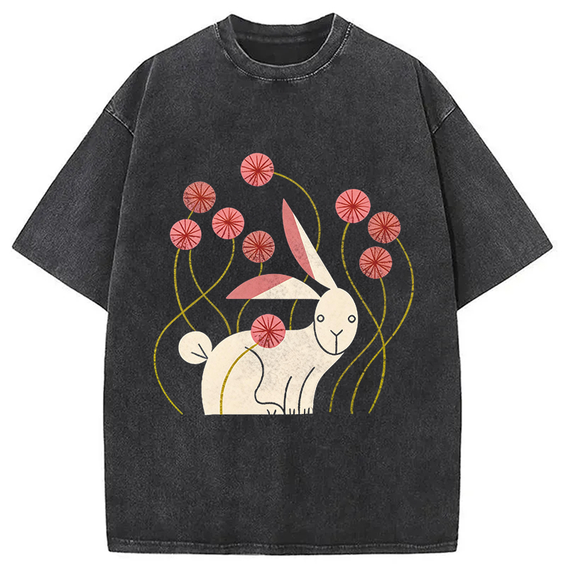 Modecanvas Rabbit and Wildflowers DTG Printing Washed T-Shirt