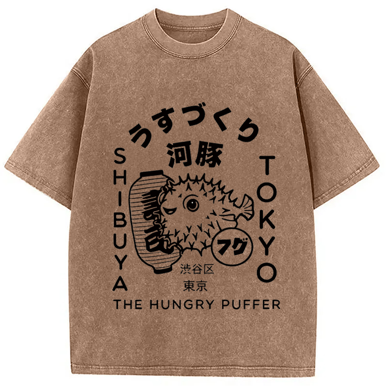 Modecanvas Japonais Puffer Fish DTG Printing Washed T-Shirt