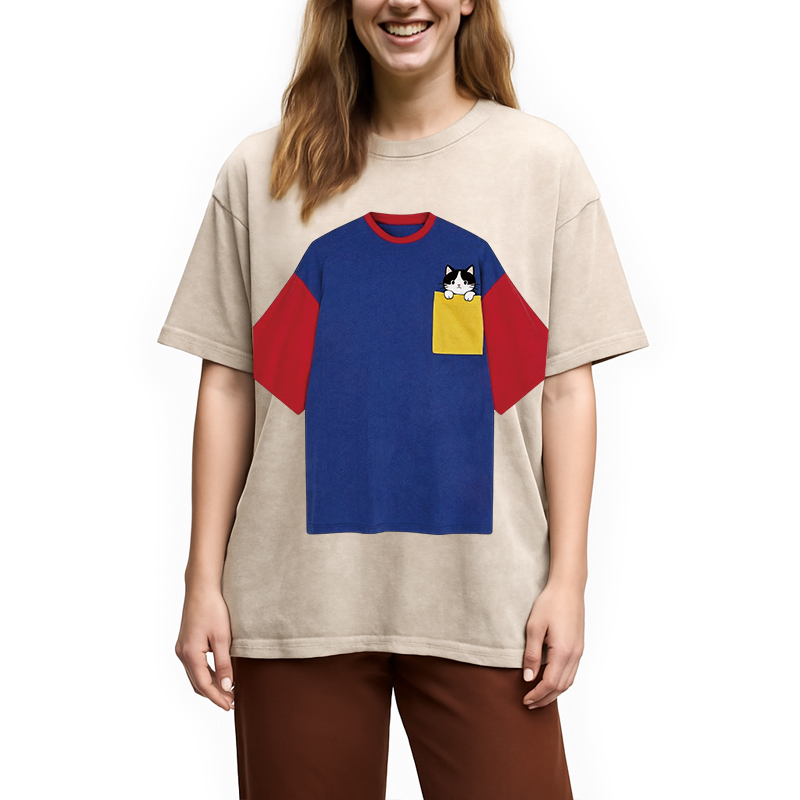 Modecanvas Color-blocked Shirt Of DTG Printing Washed T-Shirt