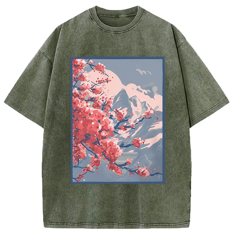 Modecanvas Sakura Blossom Mountain Washed T-Shirt