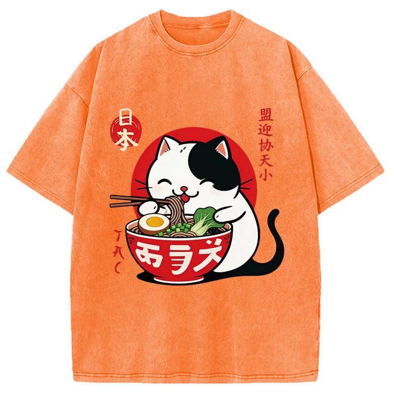 Modecanvas Japanese Ramen Cat DTG Printing Washed T-Shirt
