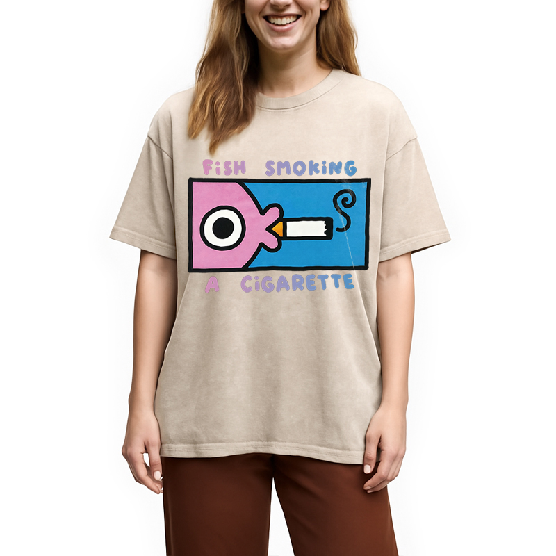 Modecanvas Fish Smoking A Cigarette DTG Printing Washed T-Shirt