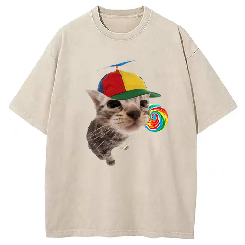 Modecanvas Cat With Lollipop And Hat Washed T-Shirt-modecanvas
