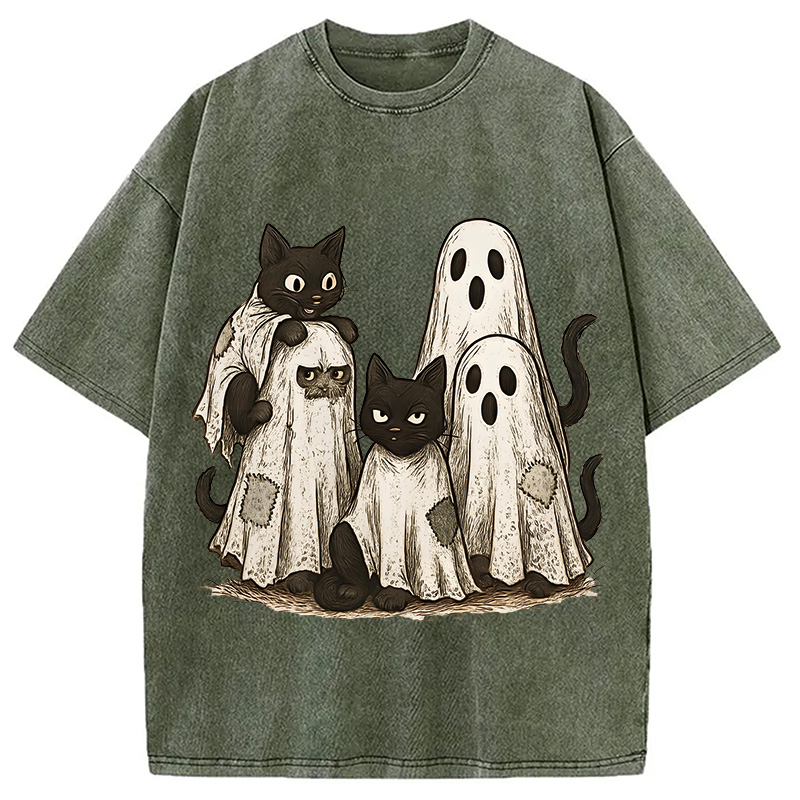 Modecanvas Funny Black Cats Ghost Washed T-Shirt