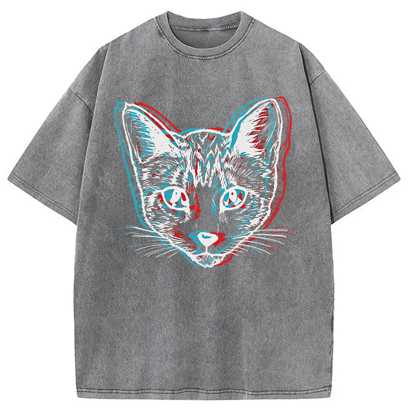 Modecanvas Psychedelic Weirdcore Cat DTG Printing Washed T-Shirt