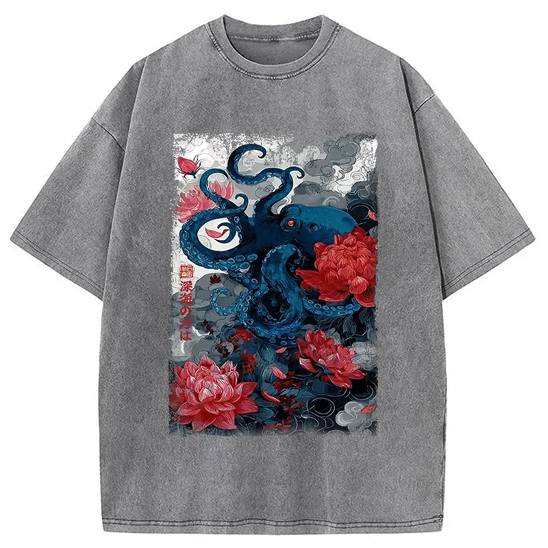 Modecanvas Deep Sea Retro Octopus Washed T-Shirt