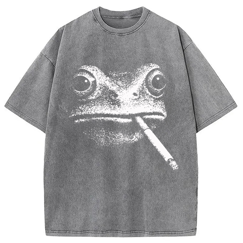 Modecanvas Vintage Smoking Frog DTG Printing Washed T-Shirt