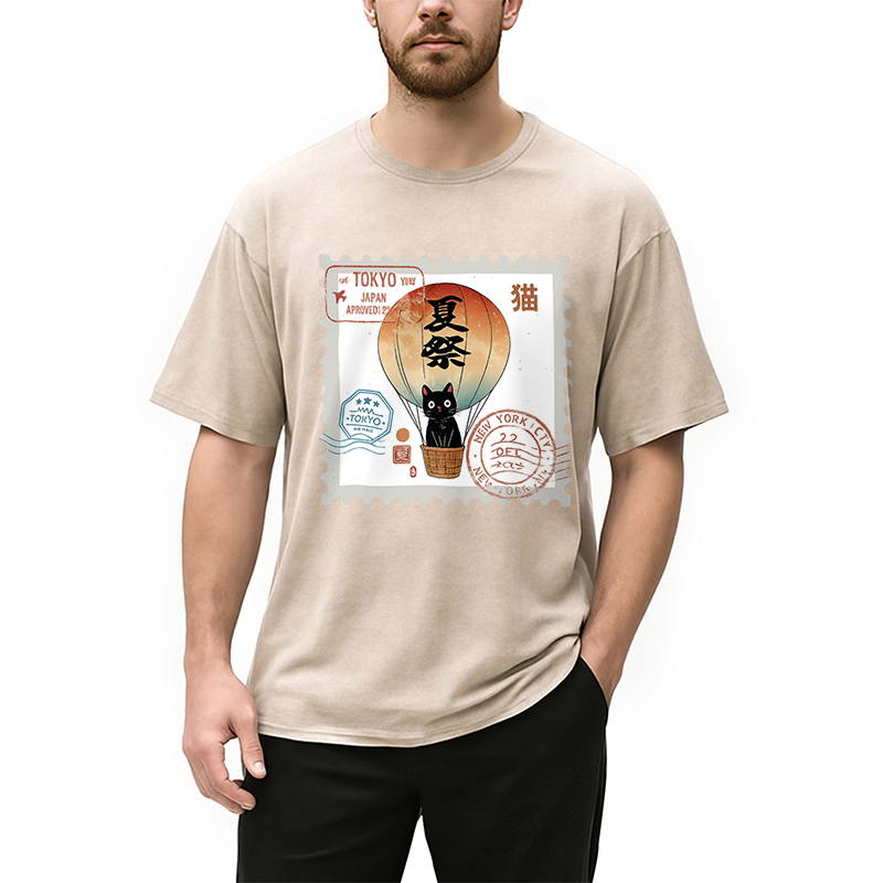 Modecanvas Japanese Cat Stamp Washed T-Shirt