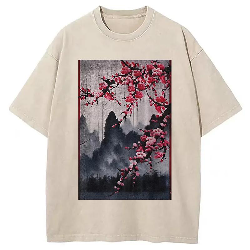 Modecanvas Cherry Blossom Woodblock Japanese Washed T-Shirt