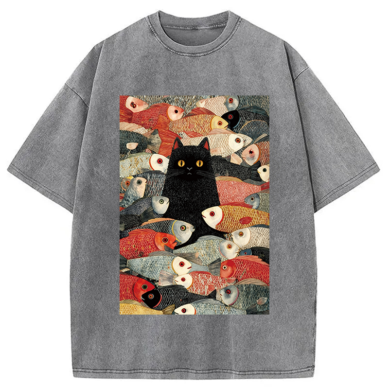 Modecanvas Black Cat Koi Fish Washed T-Shirt-modecanvas