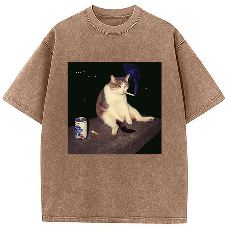 Modecanvas Cigarette Kitten Funny Smoking Cat Meme Washed T-Shirt-modecanvas